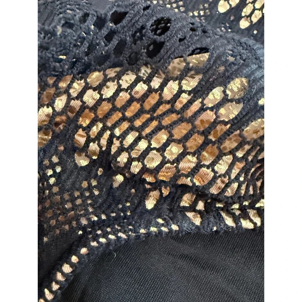 Cosita Linda Black Gold Metallic Lace Up Overlay One Piece Swimsuit‎ Resort Sz S